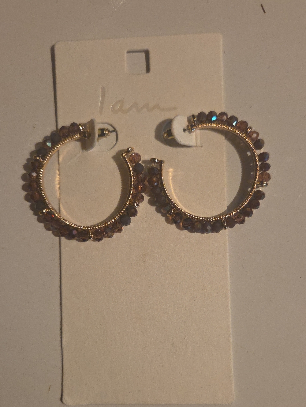 Gold Hoop Earrings with Brown Crystal Beads